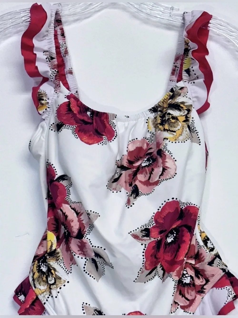 Decree One-Piece Size S White Red Floral Rose Print Swimsuit Ruffle Trim